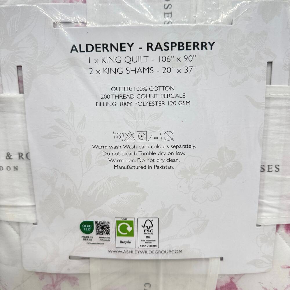 Cabbages & Roses Alderney Pink Floral Toile KING Quilt Bedding 3pc Set Raspberry - Picture 4 of 6